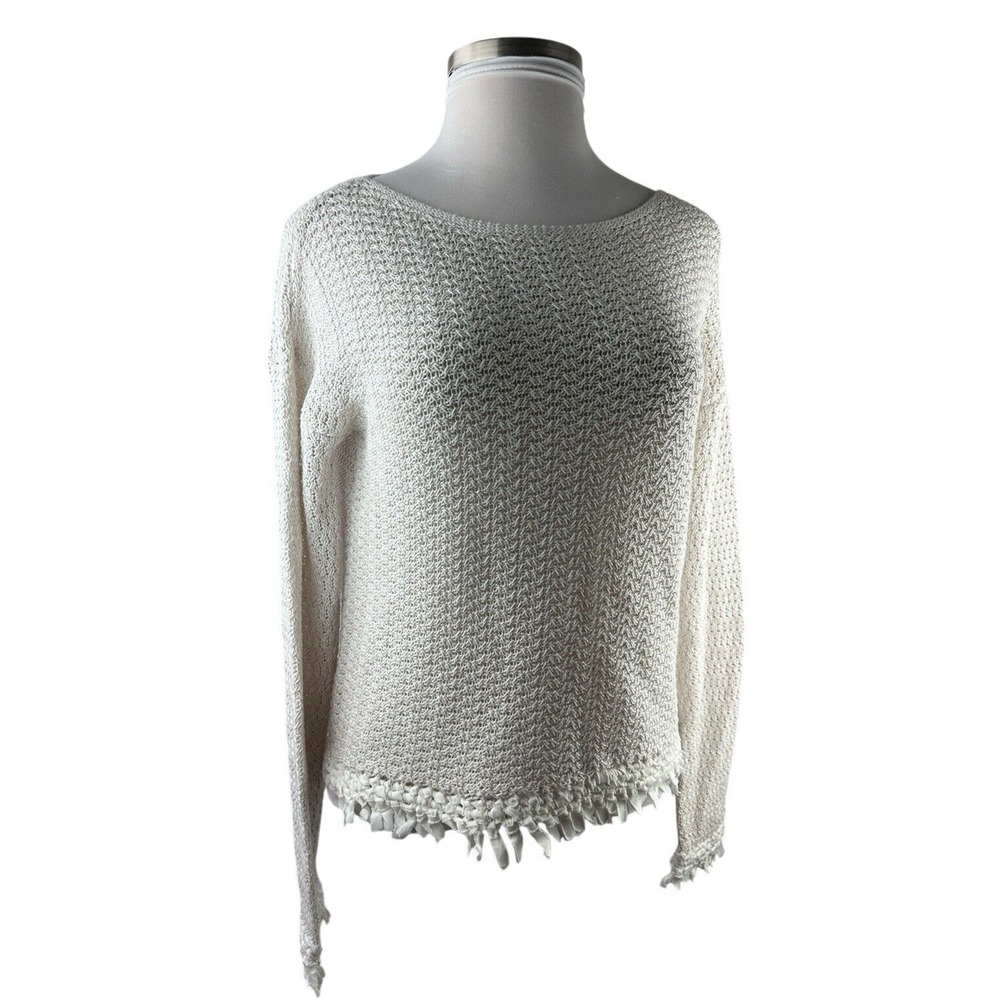 ✨2/$20 White + Warren Open Knit Fringe Trim Sweater Oatmeal Large Boho Coastal - Picture 16 of 16